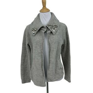 Jones New York Merino Wool Cardigan Size S Gray Jeweled Wide Collar Open Front